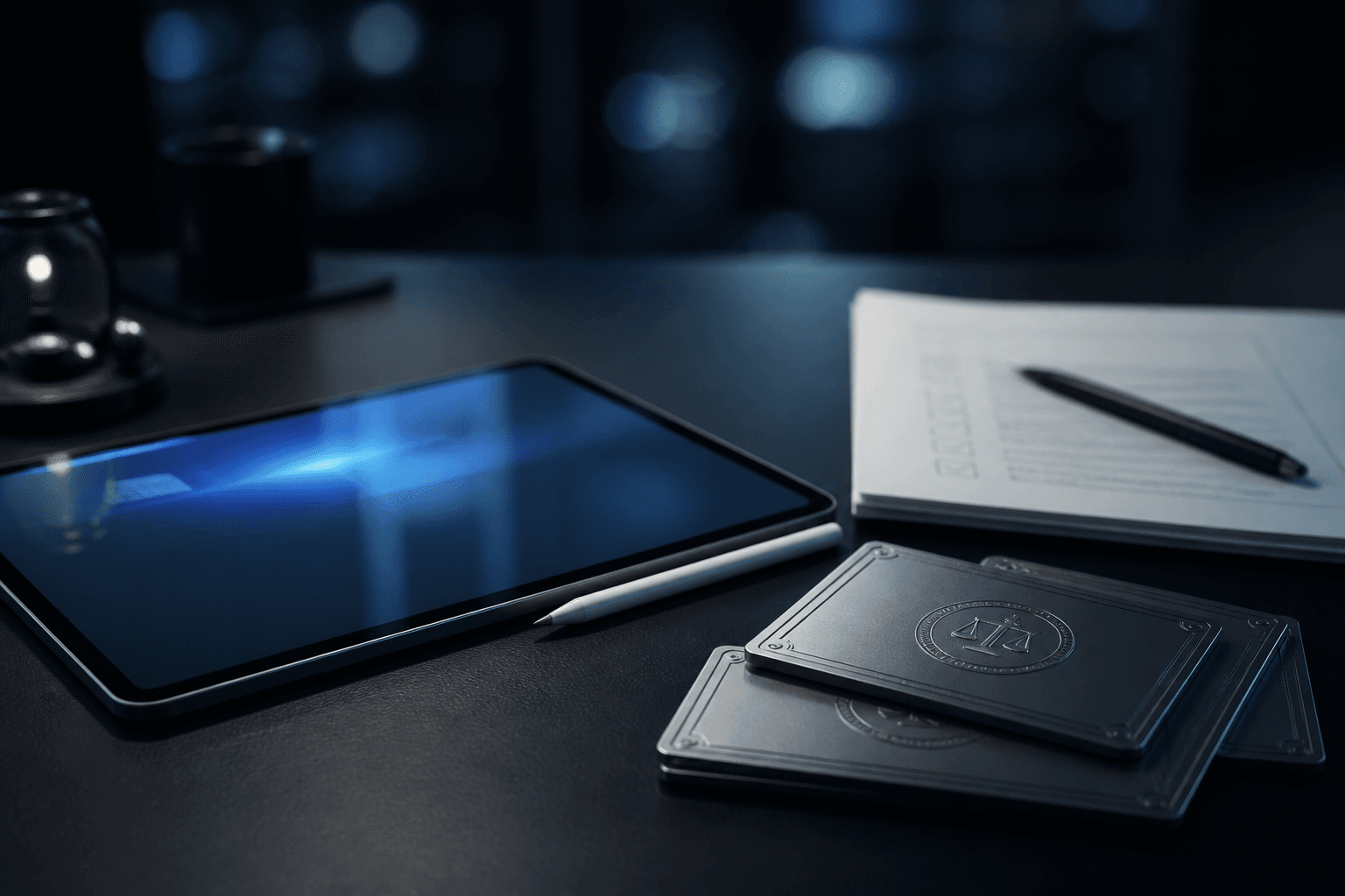 Tablet und Unterlagen für digitale Bewertung auf dem Schreibtisch